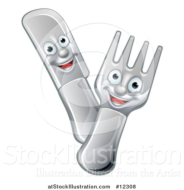 Vector Illustration of a Cartoon Happy Fork and Knife