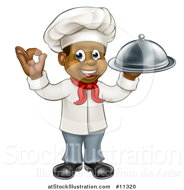 Vector Illustration of a Cartoon Happy Full Length Black Male Chef Holding a Cloche Platter and Gesturing Perfect