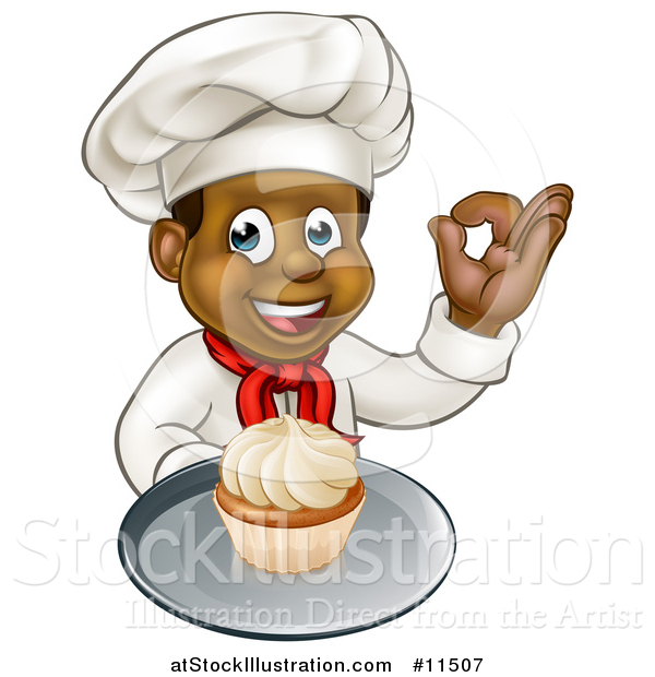 Vector Illustration of a Cartoon Happy Full Length Black Male Chef Holding a Cupcake on a Platter and Gesturing Perfect