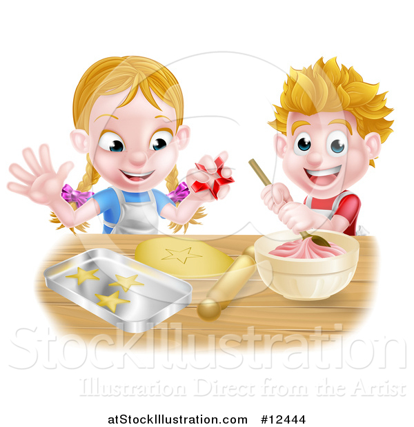 Vector Illustration of a Cartoon Happy Girl and Boy Making Pink Frosting and Star Shaped Cookies