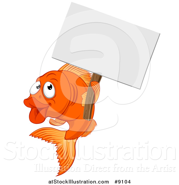 Vector Illustration of a Cartoon Happy Goldfish Holding a Blank Sign