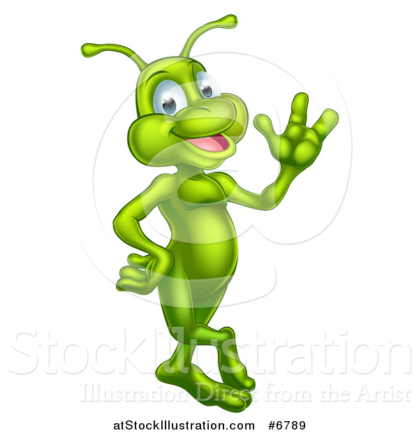 Vector Illustration of a Cartoon Happy Green Alien Waving