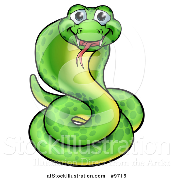 Vector Illustration of a Cartoon Happy Green Cobra Snake