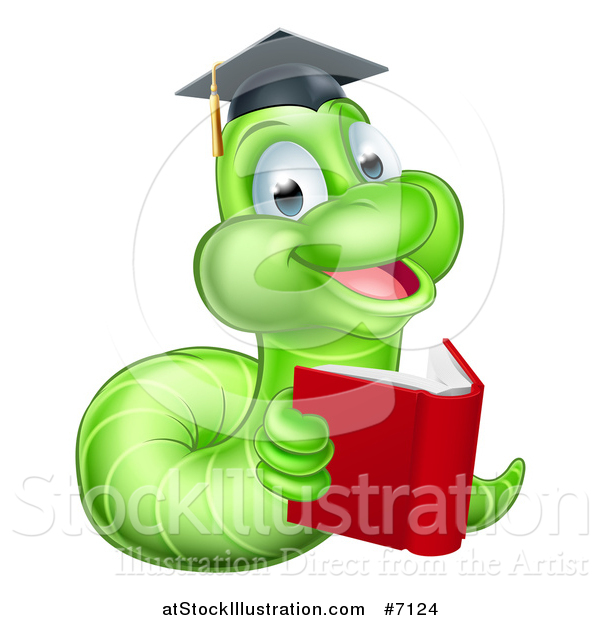 Vector Illustration of a Cartoon Happy Green Graduate Book Worm Reading
