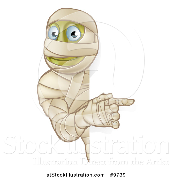 Vector Illustration of a Cartoon Happy Halloween Mummy Pointing Around a Sign
