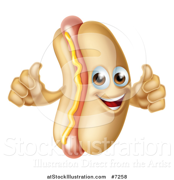 Vector Illustration of a Cartoon Happy Hot Dog Mascot with a Strip of Mustard, Giving Two Thumbs up