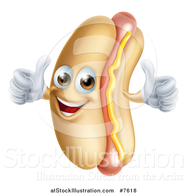 Vector Illustration of a Cartoon Happy Hot Dog Mascot with a Strip of Mustard, Giving Two Thumbs Up, Facing Left