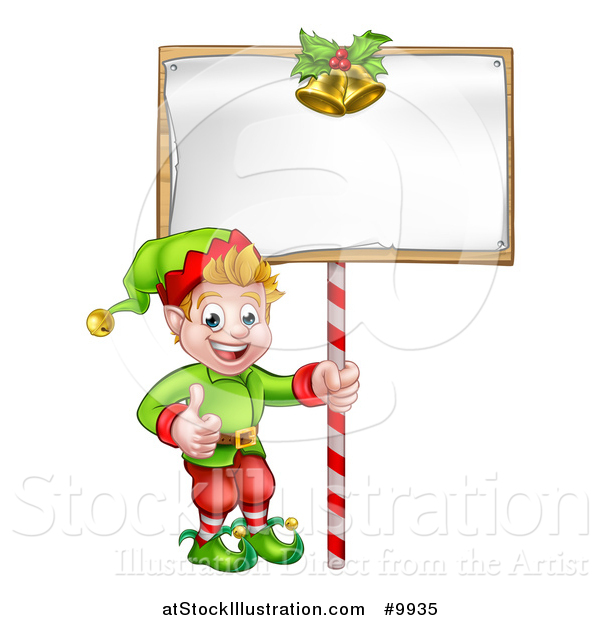 Vector Illustration of a Cartoon Happy Male Christmas Elf Giving a Thumb up and Holding a Blank Sign with Bells