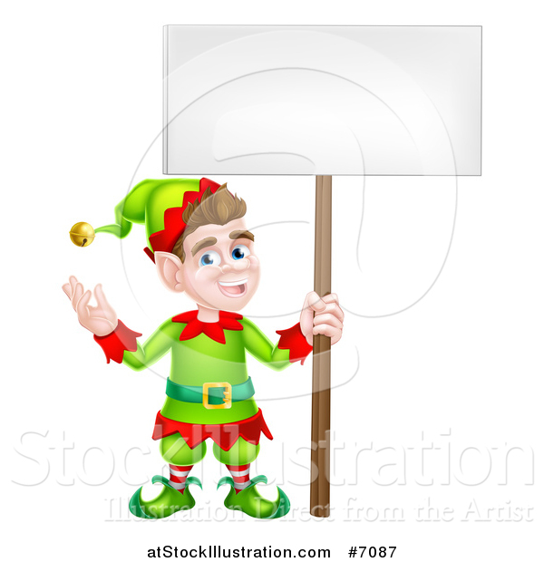 Vector Illustration of a Cartoon Happy Male Christmas Elf Holding a Blank Sign