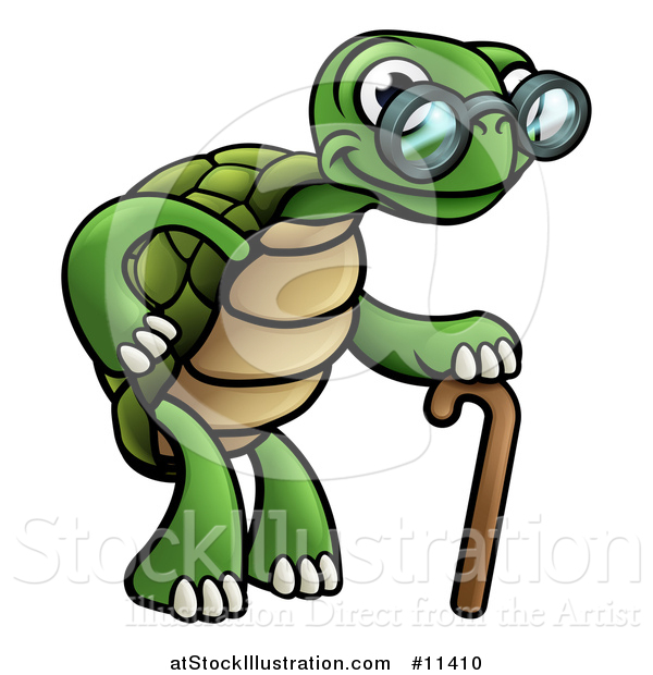 Vector Illustration of a Cartoon Happy Old Tortoise Walking with a Cane