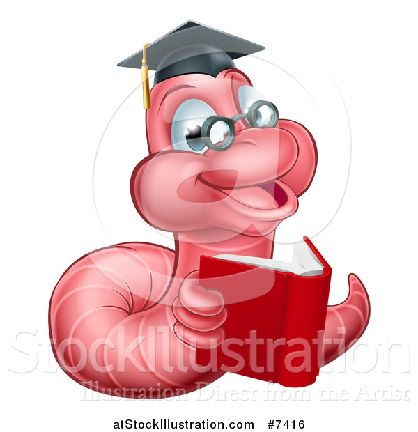 Vector Illustration of a Cartoon Happy Pink Graduate Book Worm Reading