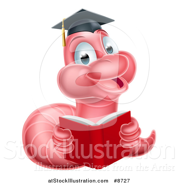 Vector Illustration of a Cartoon Happy Pink Graduate Book Worm Reading