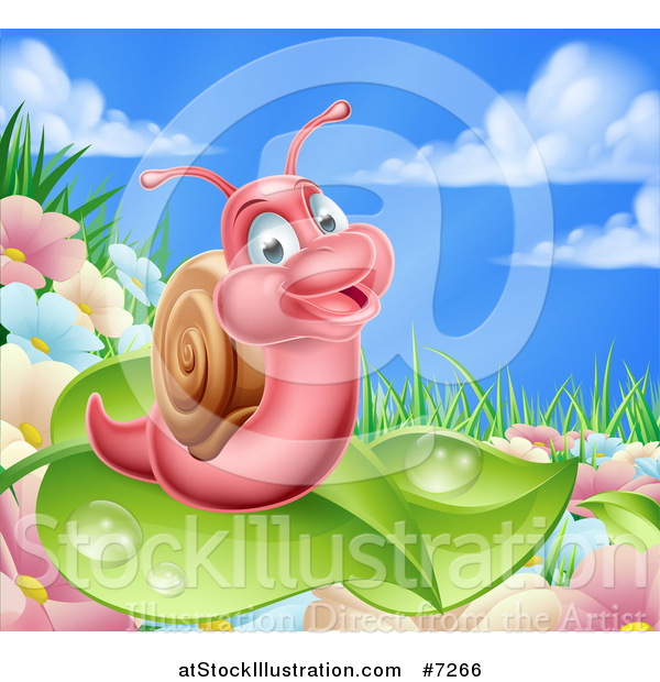 Vector Illustration of a Cartoon Happy Pink Snail on a Leaf over Flowers in a Meadow