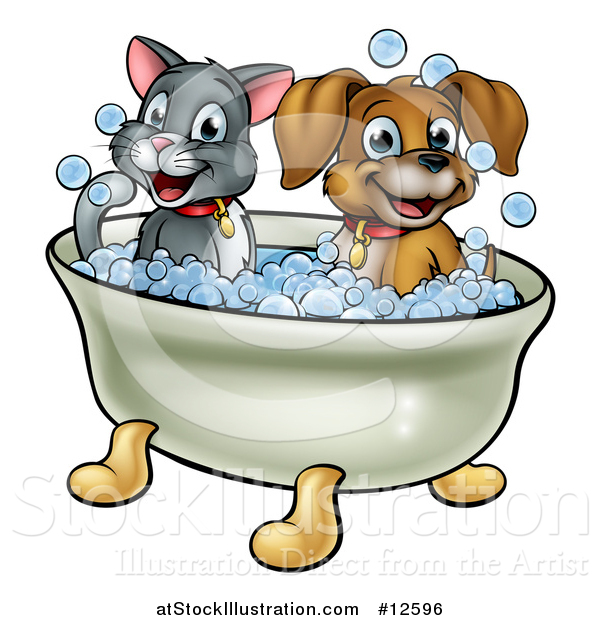 Vector Illustration of a Cartoon Happy Puppy Dog and Cat Soaking in a Bubble Bath