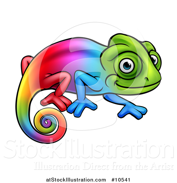 Vector Illustration of a Cartoon Happy Rainbow Chameleon Lizard