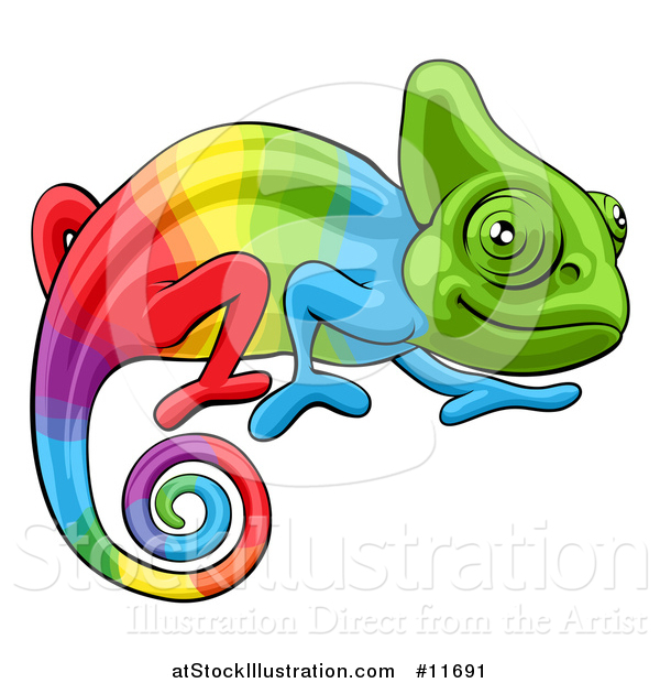 Vector Illustration of a Cartoon Happy Rainbow Chameleon Lizard