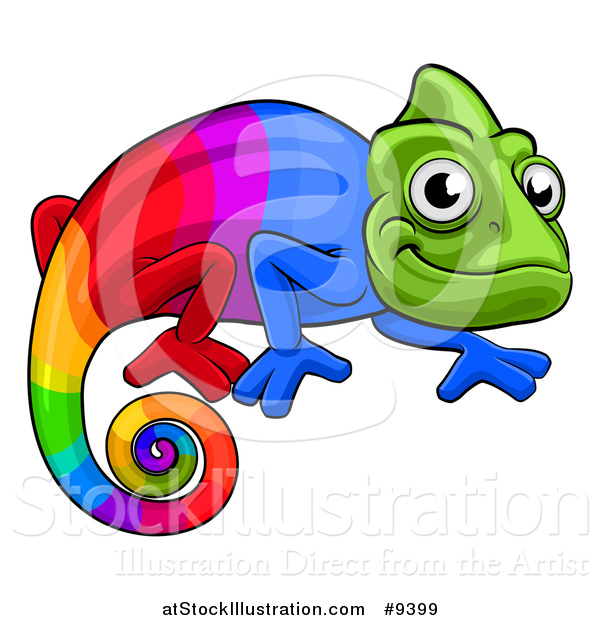 Vector Illustration of a Cartoon Happy Rainbow Chameleon Lizard