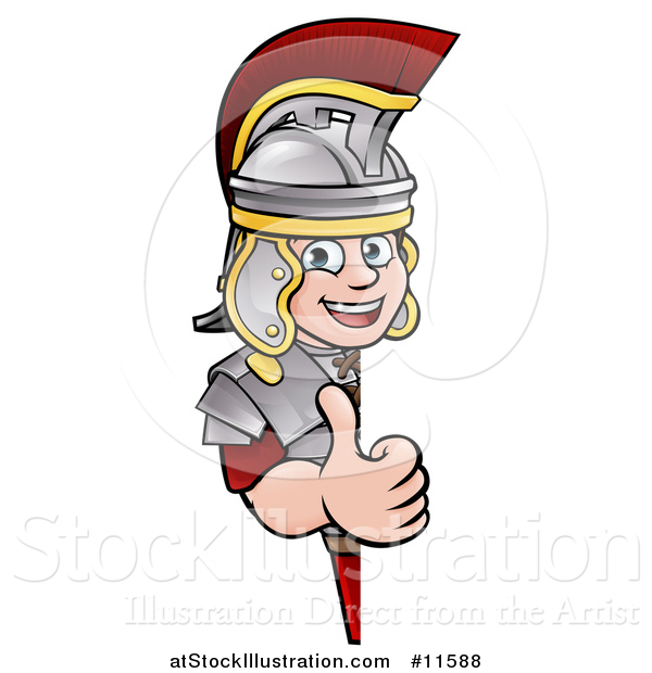 Vector Illustration of a Cartoon Happy Roman Soldier Giving a Thumb up Around a Sign