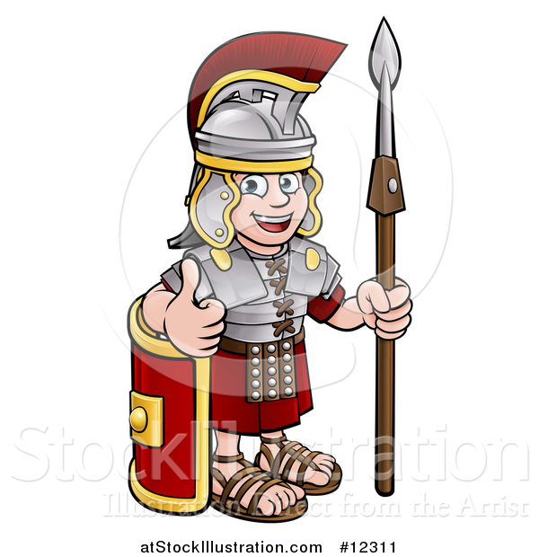 Vector Illustration of a Cartoon Happy Roman Soldier Giving a Thumb Up, Holding a Spear and Leaning on a Shield