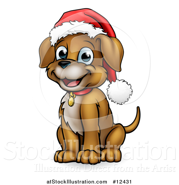 Vector Illustration of a Cartoon Happy Sitting Puppy Dog Wearing a Santa Hat