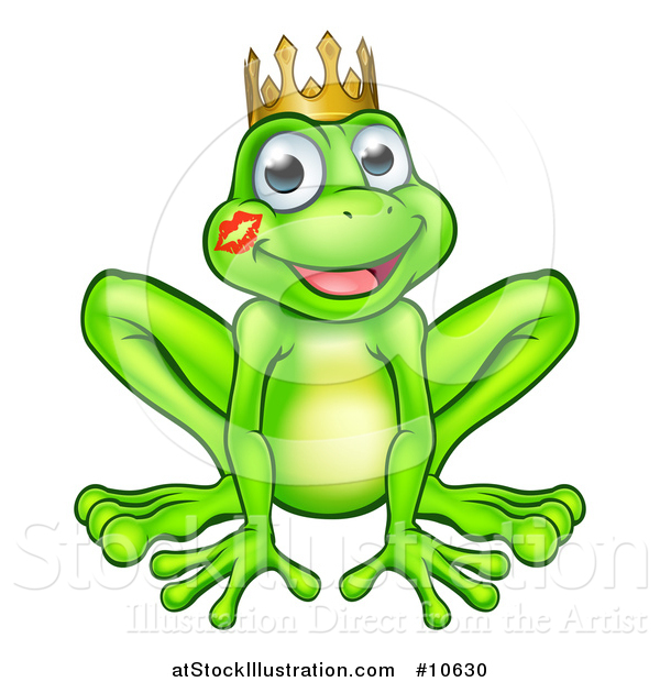 Vector Illustration of a Cartoon Happy Smiling Green Frog Prince with a Liptstick Kiss on His Cheek