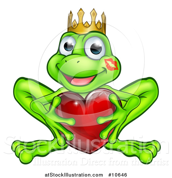 Vector Illustration of a Cartoon Happy Smiling Green Frog with a Liptstick Kiss on His Cheek, Holding a Red Heart