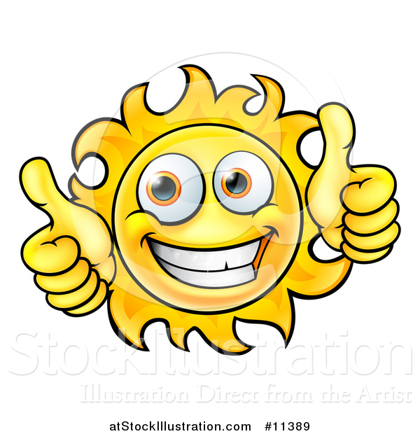 Vector Illustration of a Cartoon Happy Sun Character Holding Two Thumbs up