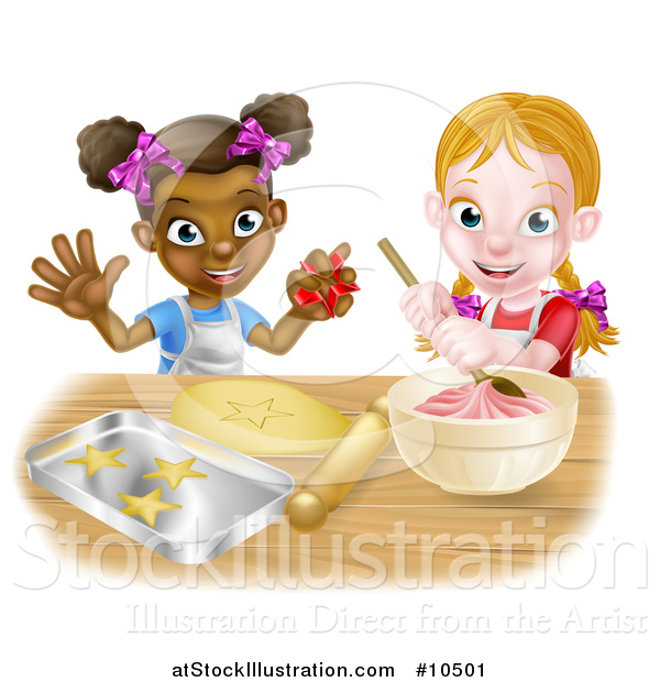 Vector Illustration of a Cartoon Happy White and Black Girls Making Pink Frosting and Star Shaped Cookies