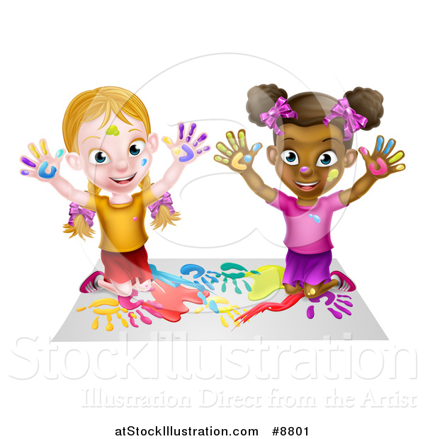 Vector Illustration of a Cartoon Happy White and Black Girls Sitting on the Floor and Painting with Their Hands