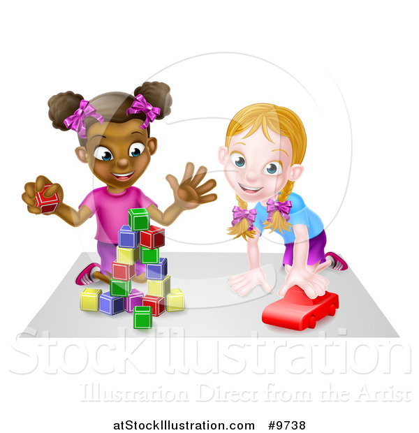 Vector Illustration of a Cartoon Happy White and Black Girls Sitting on the Floor, Painting and Playing with Blocks