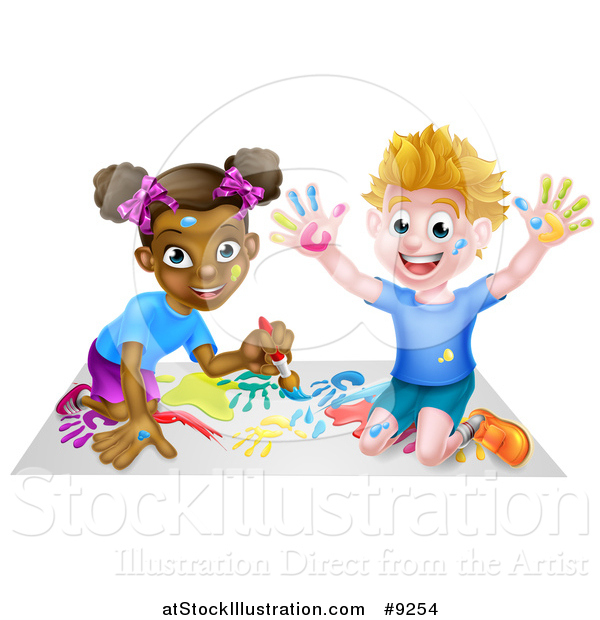 Vector Illustration of a Cartoon Happy White Boy and Black Girl Painting Artwork