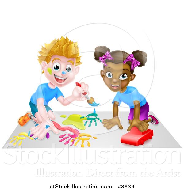 Vector Illustration of a Cartoon Happy White Boy Kneeling and Painting Artwork and a Black Girl Playing with a Toy Car