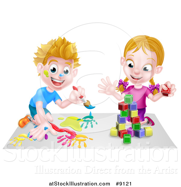 Vector Illustration of a Cartoon Happy White Boy Kneeling and Painting Artwork and Girl Playing with Toy Blocks