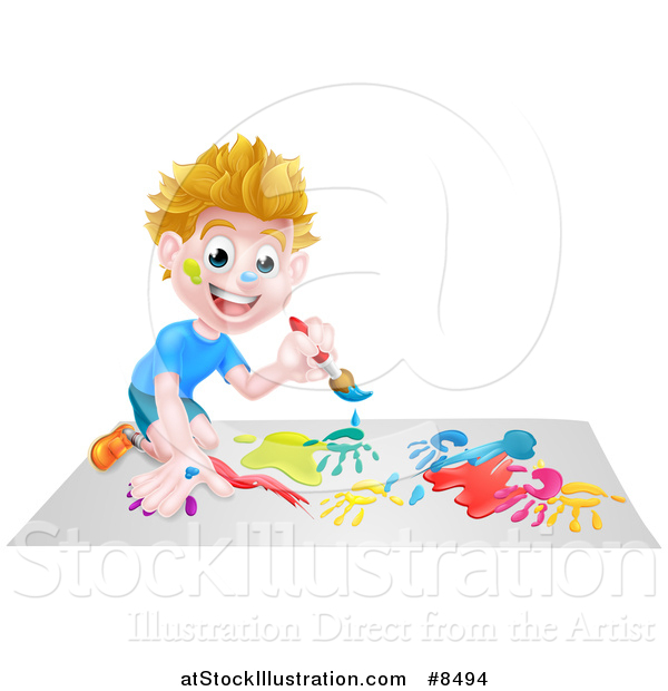Vector Illustration of a Cartoon Happy White Boy Kneeling and Painting Artwork