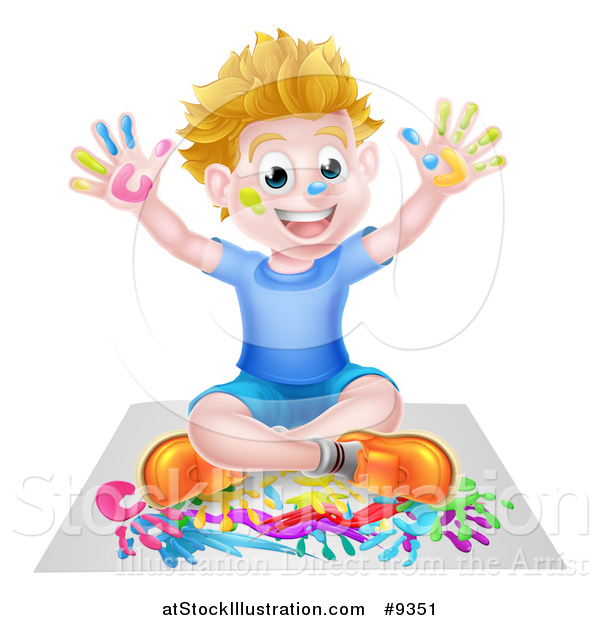 Vector Illustration of a Cartoon Happy White Boy Sitting and Hand Painting Artwork
