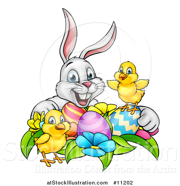 Vector Illustration of a Cartoon Happy White Bunny Rabbit with Cute Yellow Chicks with Easter Eggs and Flowers
