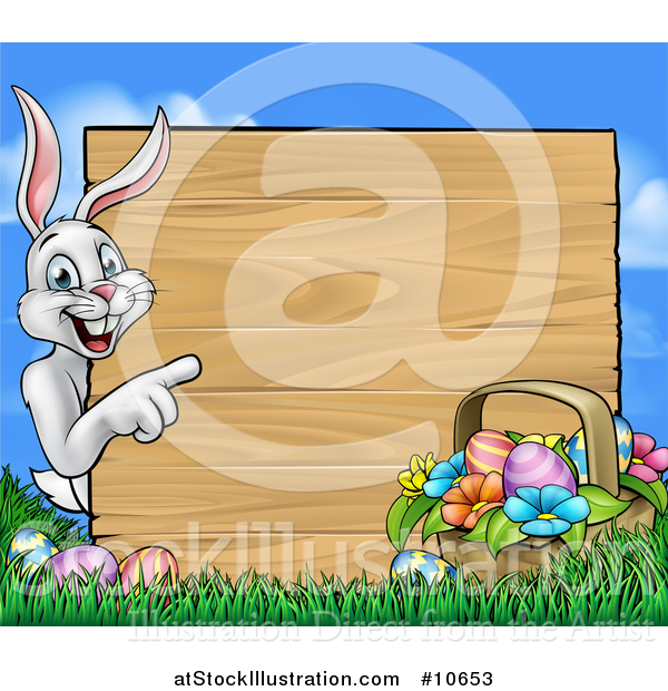 Vector Illustration of a Cartoon Happy White Easter Bunny Rabbit Pointing Around a Wood Sign with a Basket and Eggs Against Sky