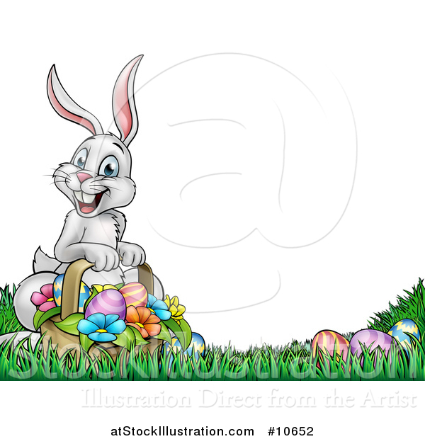 Vector Illustration of a Cartoon Happy White Easter Bunny Rabbit with a Basket and Eggs