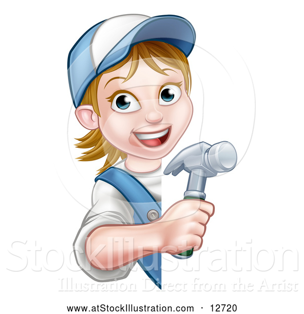 Vector Illustration of a Cartoon Happy White Female Carpenter Holding a Hammer Around a Sign