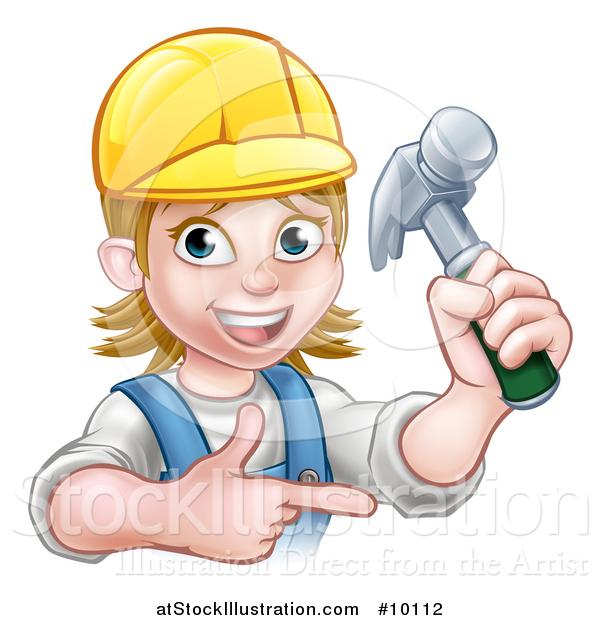 Vector Illustration of a Cartoon Happy White Female Carpenter Holding up a Hammer and Pointing