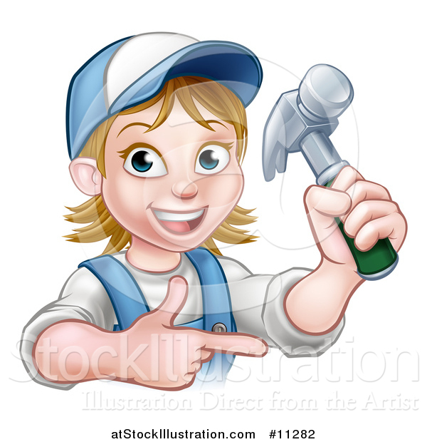 Vector Illustration of a Cartoon Happy White Female Carpenter Holding up a Hammer and Pointing