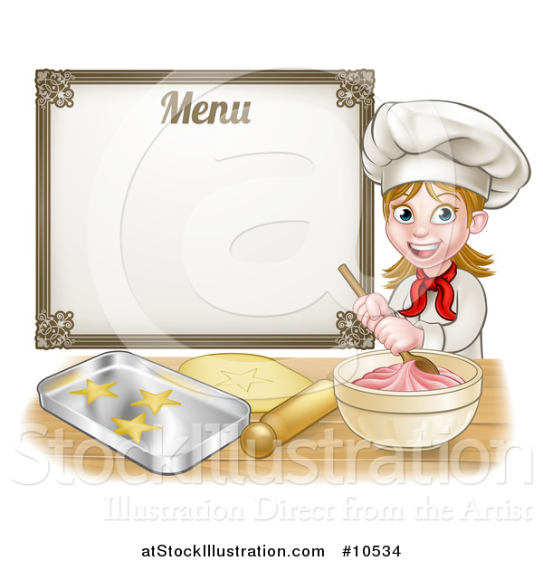 Vector Illustration of a Cartoon Happy White Female Chef Baker Mixing Frosting and Making Cookies Under a Menu