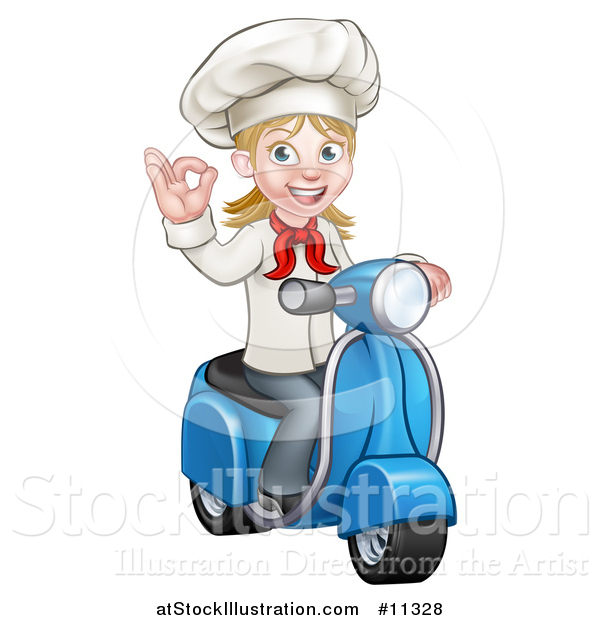 Vector Illustration of a Cartoon Happy White Female Chef Gesturing Ok and Riding a Scooter