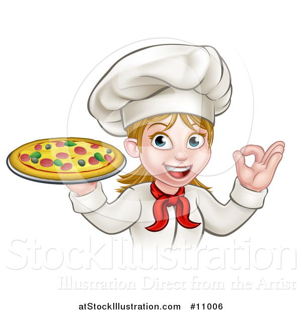 Vector Illustration of a Cartoon Happy White Female Chef Gesturing Perfect and Holding a Pizza