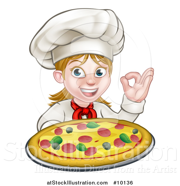 Vector Illustration of a Cartoon Happy White Female Chef Gesturing Perfect and Holding up a Pizza