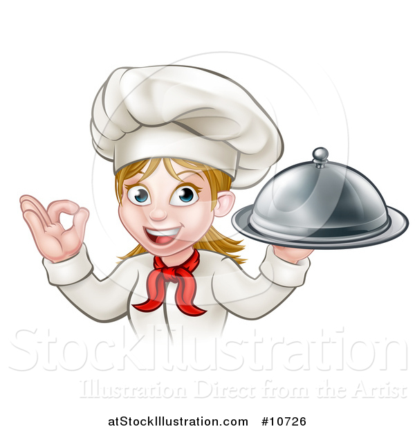 Vector Illustration of a Cartoon Happy White Female Chef Holding a Cloche Platter and Gesturing Ok