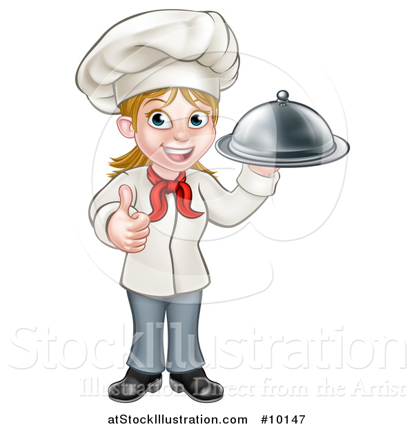 Vector Illustration of a Cartoon Happy White Female Chef Holding a Cloche Platter and Giving a Thumb up