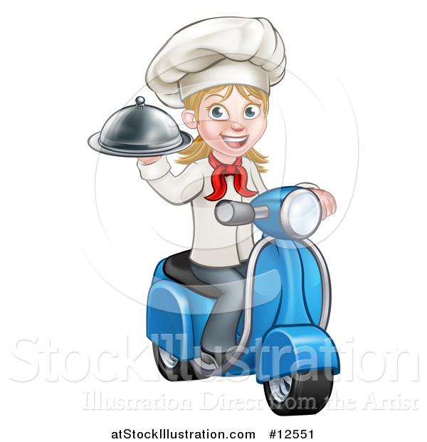 Vector Illustration of a Cartoon Happy White Female Chef Holding a Cloche Platter and Riding a Scooter