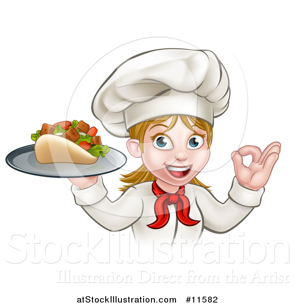 Vector Illustration of a Cartoon Happy White Female Chef Holding a Kebab on a Tray and Gesturing Perfect