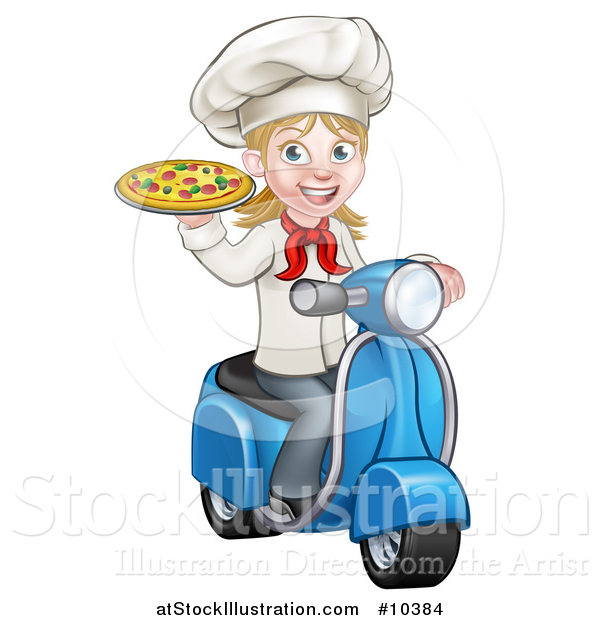 Vector Illustration of a Cartoon Happy White Female Chef Holding a Pizza on a Scooter